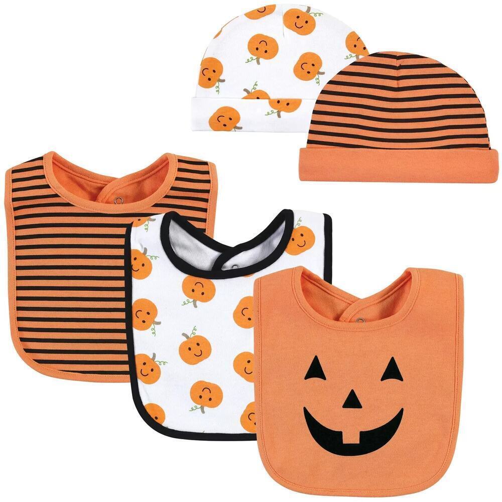 Hudson Baby Unisex Baby Cotton Bib & Headband or Caps Set Pumpkin One Size 0-6M